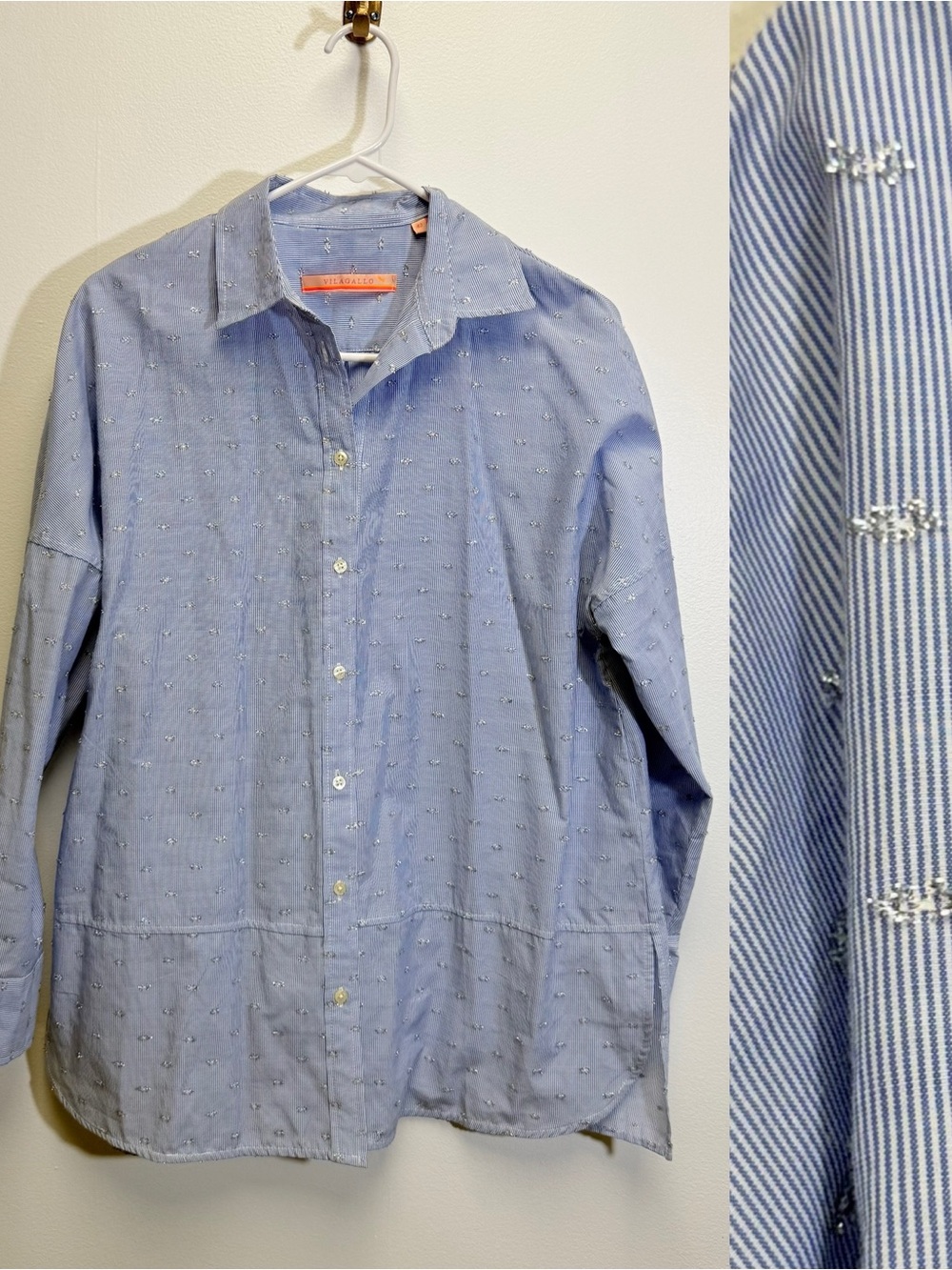 Vilagallo Blue White Micro Stripe Button Down Shirt Silver Metallic Dot 42 Large